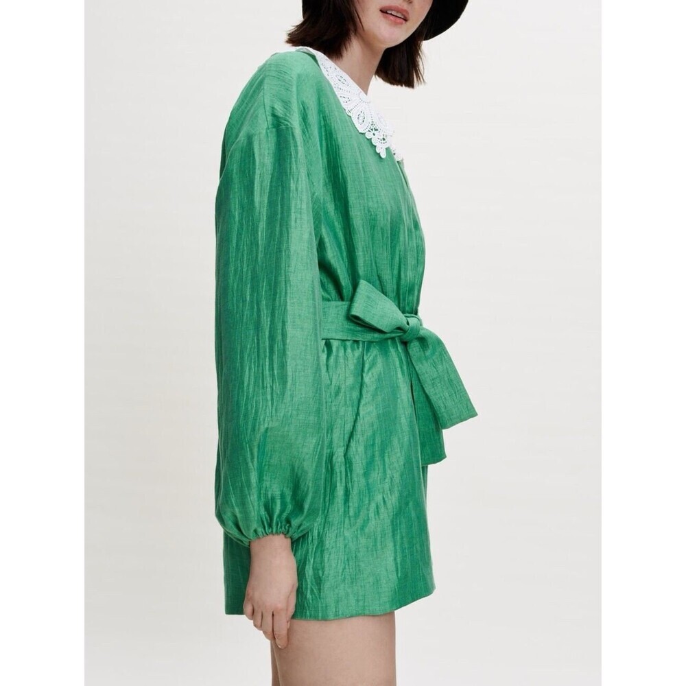 NWT MAJE Women’s‎ Size 40 US 8 LINEN Blend Short Jumpsuit Romper Green Lace - Picture 15 of 16